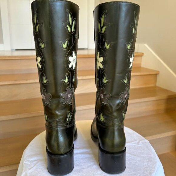 Frye Campus 14L Boots Size 7 Wide Calf Dark Olive Green Floral Pattern Cutouts - Picture 4 of 7